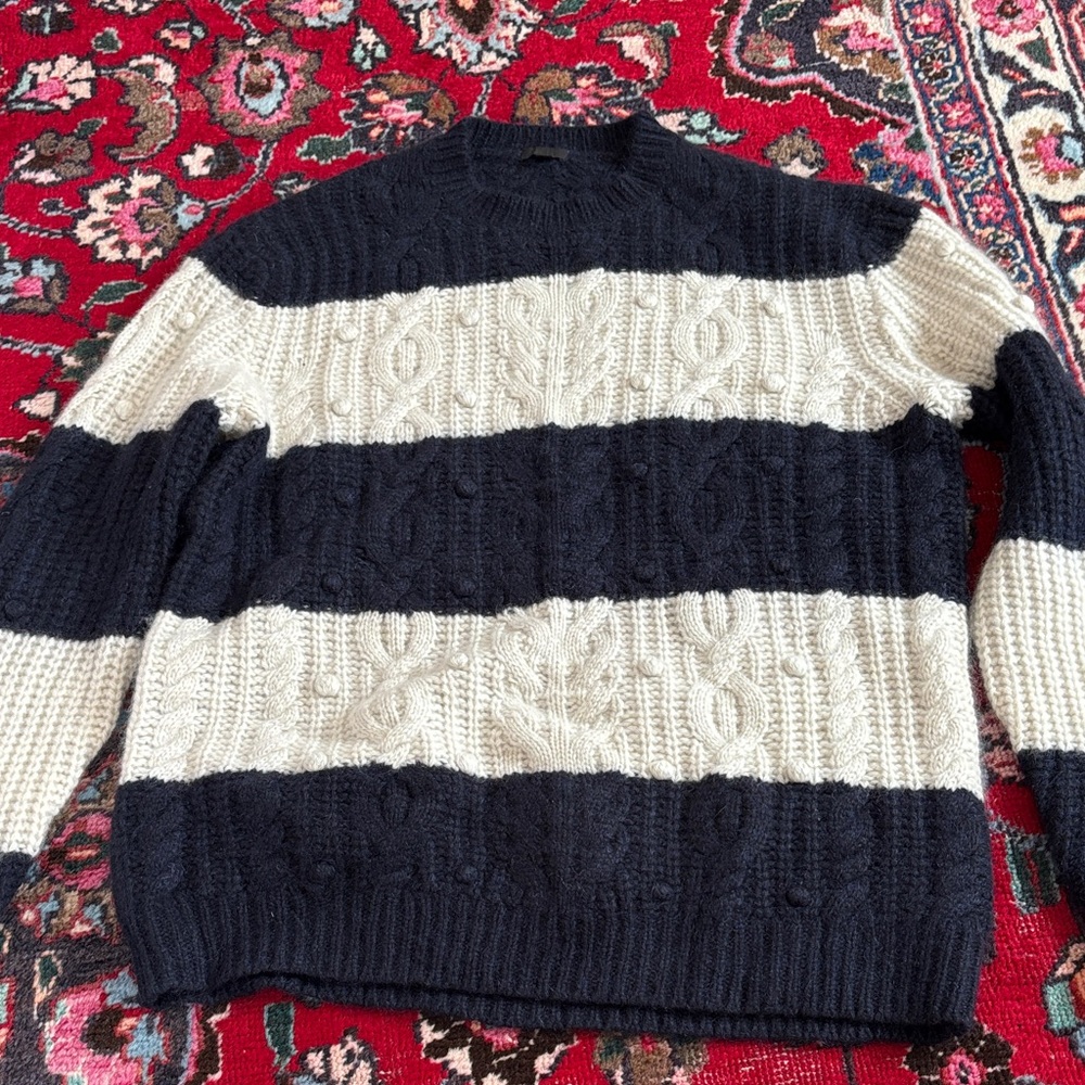 J. Crew Navy and Cream oversized cashmere mohair cableknit pullover
